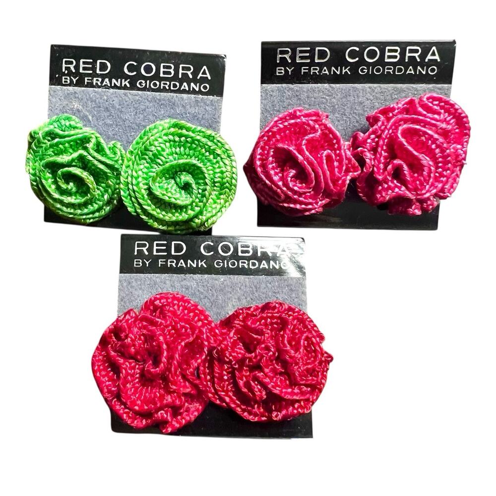 Red Cobra Vintage Ribbon Rosette Post Earrings Set of 3 Pink Green Red New